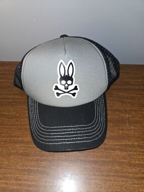 Psycho Bunny Gray and Black Trucker Cap with Bunny Skull Logo